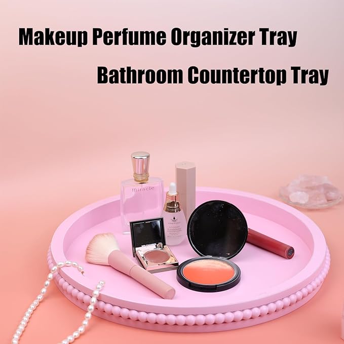 Pink Round Wood Decorative Ottoman Tray for Coffee Table Kitchen Counter, Living Room, Handcrafted Wooden Serving Tray for Table Centerpiece