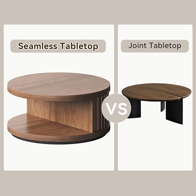 31-Inch Round Wood Coffee Tables for Living Room, with 2-Tier Shelf Fluted Center Tables, Modern Wooden Circle Unique Tea Tables with Open Shelves for Home Apartment Small Spaces, Walnut
