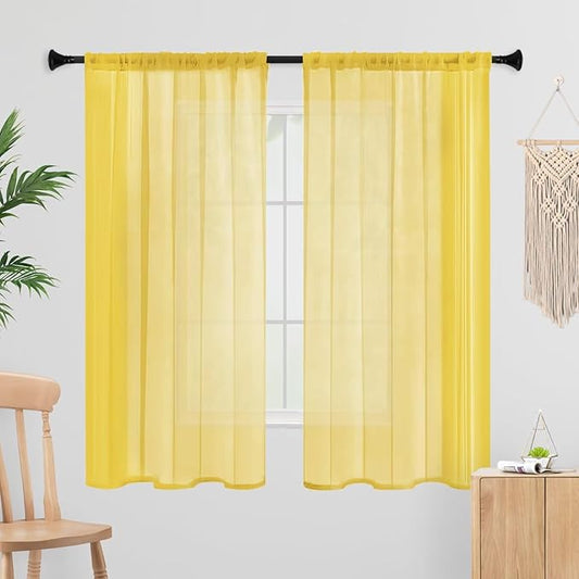 Sheer Curtains 72 Inches Long 2 Panels, Rod Pocket Short Curtain for Kitchen, Bedroom, Cafe Window(Yellow 38" W x 72" L)