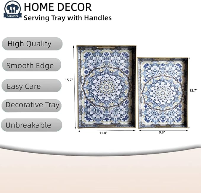 Boho Decorative Tray, Modern Blue Serving Tray with Handles, Ottoman Trays Set of 2, Plastic Coffee Table Tray for Living Room, Bathroom, Kitchen, Decor, Large 15.7”*11.8”, Small 13.7"*9.8"