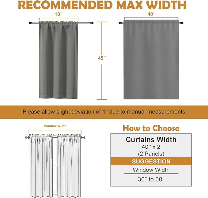 Aiyufeng Light Grey Short Blackout Curtains for Bedroom 45 Inches Long 2 Panels Set, Solid Thermal Insulated, Energy Saving Window Treatment Curtains Blackout Drapes, W40 x L45 Inch, Light Grey