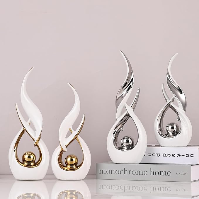2 PCS White Gold Ceramic Statues For Home Decor Accents, Modern Abstract Art Sculptures, Elegant Tabletop Decorative Objects For Dining Room, Entryway, Tv Stand, Mantel, Coffee Table Centerpieces