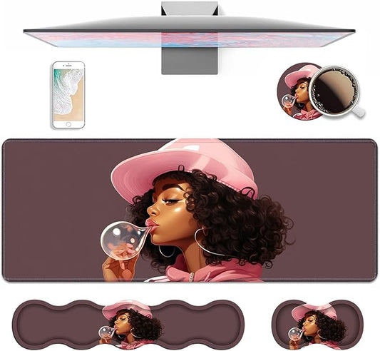 4 in 1 Ergonomic Keyboard Wrist Rest & Mouse Pad Wrist Rest Set, Large XXL Gaming Desk Mat 31.5"x 11.8" with Non-Slip Base, Memory Foam for Home Office Study Gaming, African American Black Girl