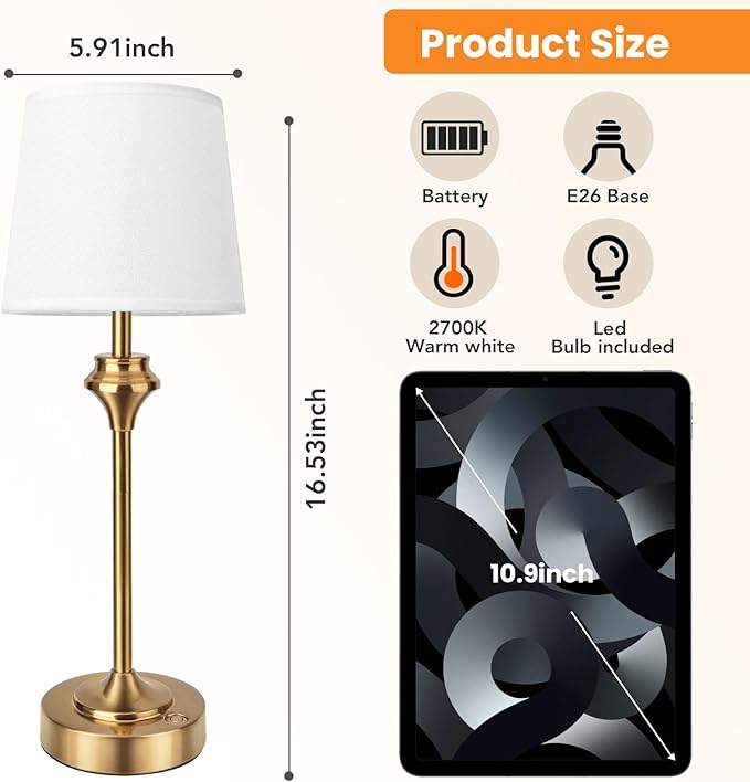 NIORSUN Portables Cordless Table Lamp Set of 2, Battery Operated Lamp, Bedside Table Lamp with Warm White,3 Way Dimmable Touch Desk Lamp for Bedroom Living Room Restaurant Whtie Shade (Gold)
