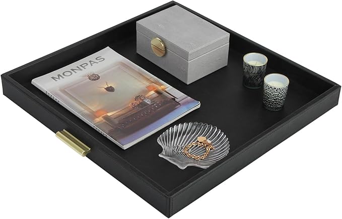 HofferRuffer Elegant Decorative Serving Tray, 20"x20" Square Faux Leather Ottoman Tray with Gold Hardware Handles, Coffee Table Serve Tea, Coffee or Breakfast (Black)