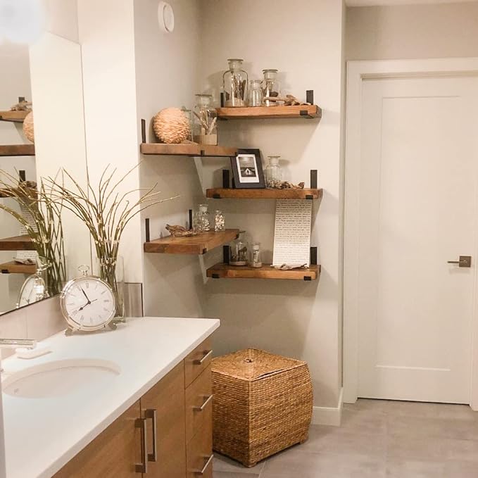 Rustic Shelves with J-Brackets Set of 2, Industrial Shelf, Kitchen Shelves, Solid Wood, Decorative Wall Storage, Heavy Duty, URBANDI (Brown, 12Wx10D)