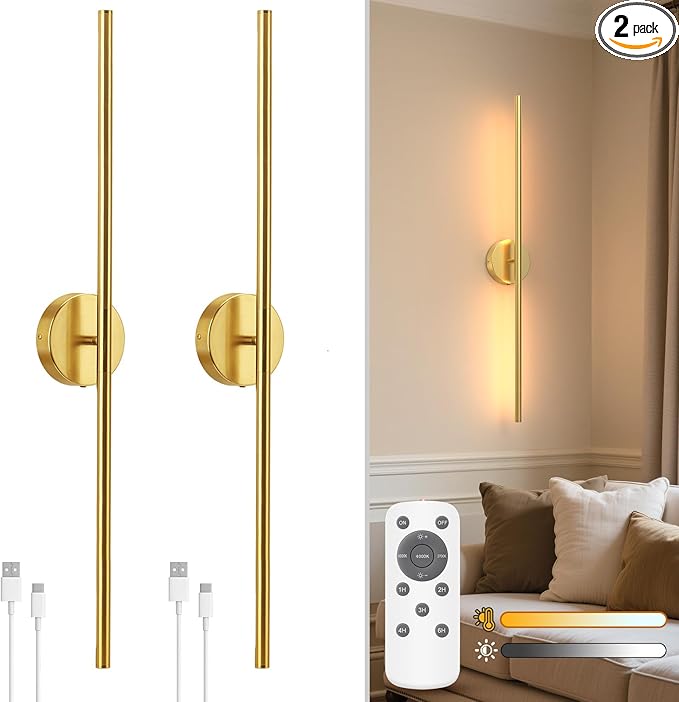 NIORSUN 34 Inch Battery Operated Wall Sconce Set of 2, Gold Round Base Rechargeable Wall Lights with Remote, 3CCT Dimmable Wireless Wall Sconces for Living Room Bedroom Hallway