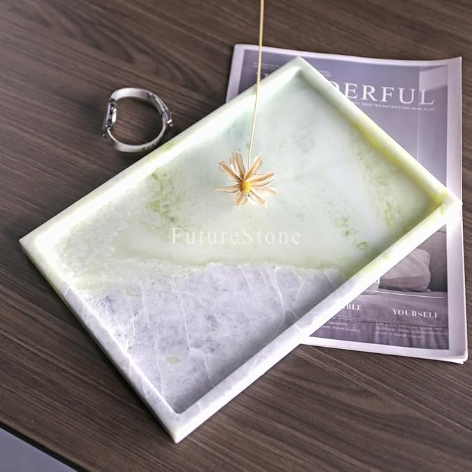 Real Luxurious Natural Marble Vanity Tray Genuine Marble Storage Tray for Home Decor Stone Tray for Bathroom/Kitchen/Vanity/Dresser,Plate Holder for Tissues, Candles, Towel