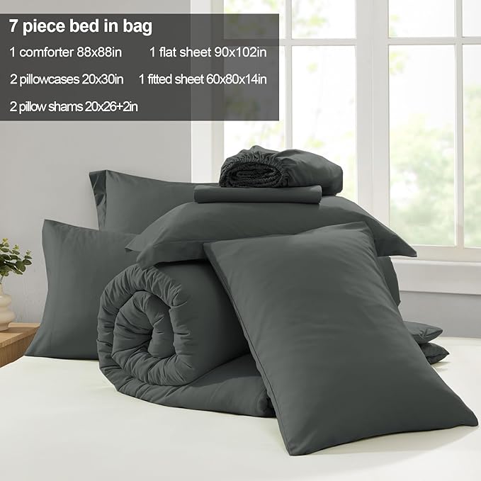 Homelike Moment Queen Comforter Set with Sheets, 7 Piece Grey Comforter Set Queen Size, Full Size Bed in a Bag Lightweight and Machine Washable