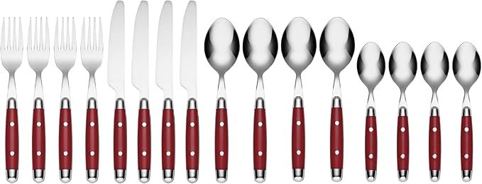 Cambridge 07216CBWD32R Jubilee Red 16-Piece Flatware Set, Thick Handles