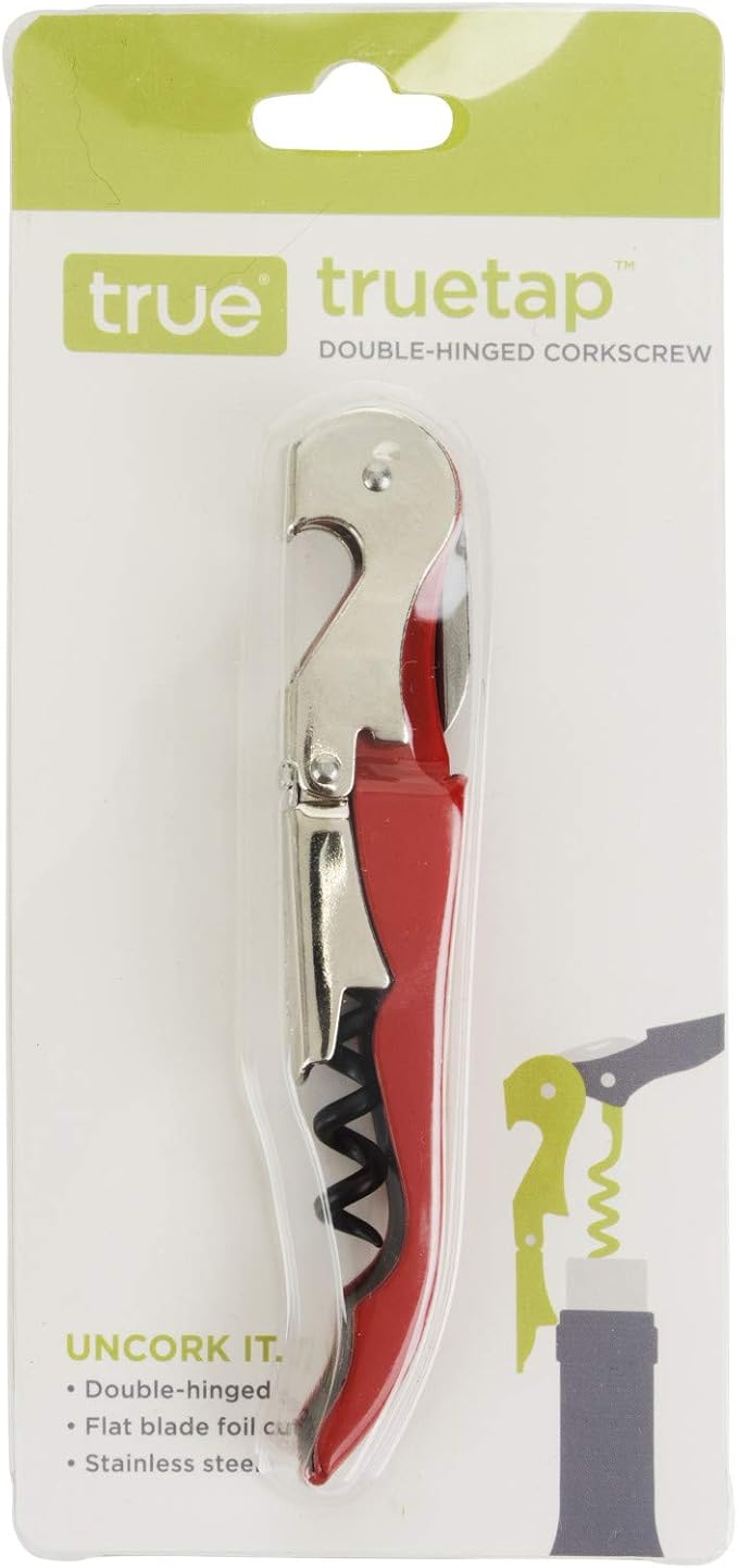 True Brands TrueTap Double Hinged Waiters Corkscrew, Top-notch Stainless Steel Opener with Foil Cutter Built to Last Wine Key Red, Set of 1
