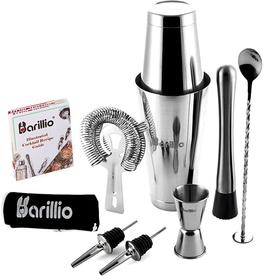 Barillio Boston Shaker Set - Stainless-Steel, Weighted, Martini Cocktail Shaker Set w/Strainer & Mixer - Mixology Bartender Kit - Bar Set for The Home - 9-pc Drink Shaker Set - Bar Tools - Silver