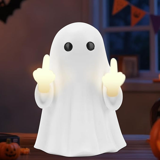 7.9 * 4.7in Halloween Ghost Figurine,Halloween Decorations Light up Ghost Spooky & Cute Finger Ornaments for Home, Desk, Party Porch Decor Indoor Decor Funny Middle Finger