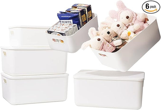 Plastic Storage Baskets Bins Boxes With Lids,Organizing Container White Storage Organizer Bins For Shelves Drawers Desktop Playroom Classroom Office,6-Pack(4M+2S)