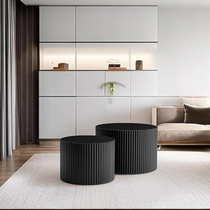 Black Nesting Coffee Table Set of 2 Modern Round Fluted Coffee Table Small Round End Table Side Table Circular Coffee Tables Circle Nested Coffee Tables for Living Room (Black Large)