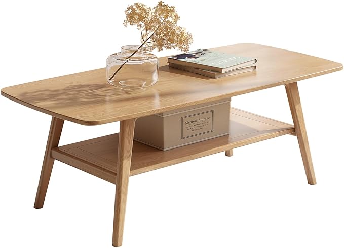 100% Solid Oak Wood Coffee Table for Living Room, 2-Tier Coffee Tables with Shelf Storage, Mid Century Modern Table with Rounded Corners (Natural Colour, 47.24" W x22.05 D x 17.32" H)