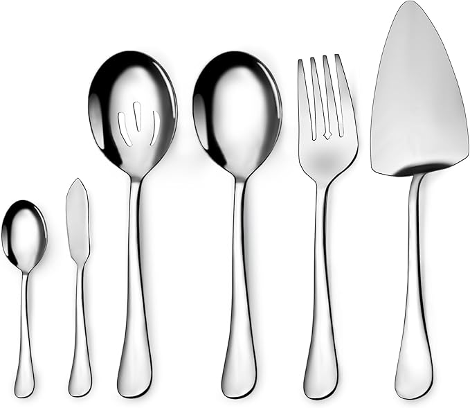 Serving Utensil Set,6piece Serving Utensil Setwith Serving Spoons，Serving Forks，Serving Tongs Soup Ladle and Pie Server Buffet Catering Serving Utensils,Dishwasher Safe (5.5-11Inch-Serving Set-6pcs)