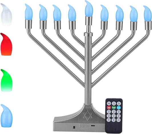 Electric Hanukkah Menorah,RGB Led Menorahs for Chanukah Decoration,Color Changing with Remote Control & Push-Button to Choose The Day and Timer Options Battery/USB Powered,Silver