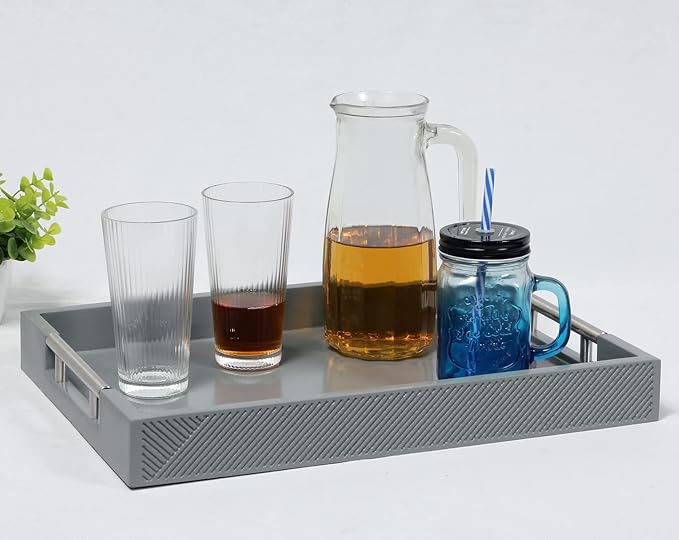 Serving Tray with Polished Metal Handles, 16.5''x12'' Rectangle Coffee Table Tray, Modern Decorative Tray, Large Ottoman Tray, Perfect for Storage and Display (Grey)