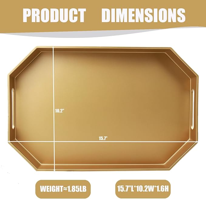 Gold Octagonal Serving Tray with Handles for Coffee Table, Plastic Decorative Tray for Ottoman, Kitchen Counter, Living Room, Outdoor Lacquer Tray for Entertaining