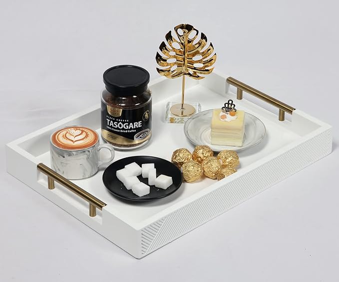Serving Tray with Polished Metal Handles, 16.5''x12'' Rectangle Coffee Table Tray, Modern Decorative Tray, Large Ottoman Tray, Perfect for Storage and Display (White)