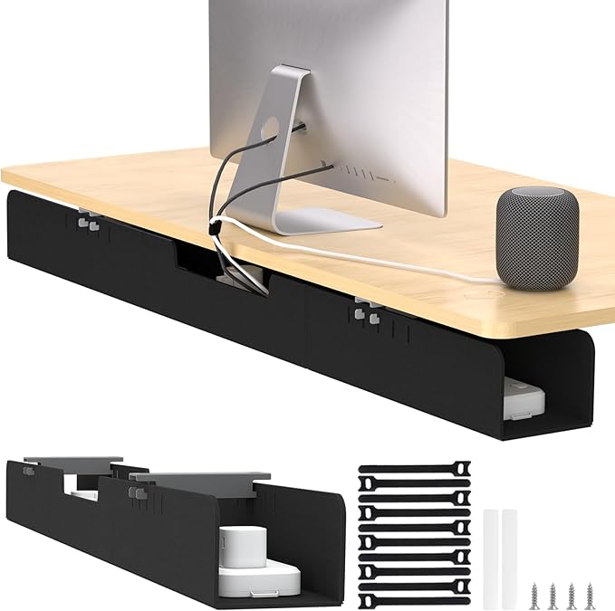 47.2" No Drill Under Desk Cable Management Tray, Felt Cable Organizer for Table, Adhesive/Screw Mount Cord Management Tray, Wire Organizer for Office Desk, Home Workspace