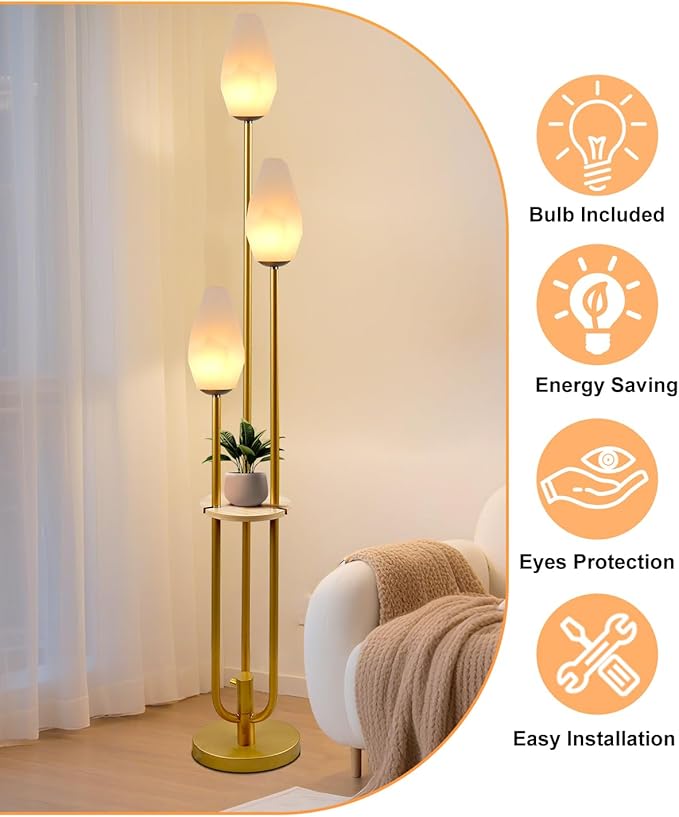 Lightdot Gold Floor Lamp with Tray, 3-Lights Dimmable Floor Lamps with Rock-Shaped Shade, Unique Candle Holder Style Modern Tall Lamp for Living Room/Party(Bulbs Included)