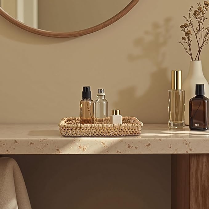 Set of 3 Rectangle Rattan Serving Trays with Mother of Pearl Inlay – Hand-Woven Wicker Trays for Coffee Table, Bathroom, Kitchen Counter or Entryway, Boho Coastal Decor, Four-Leaf Clover Design