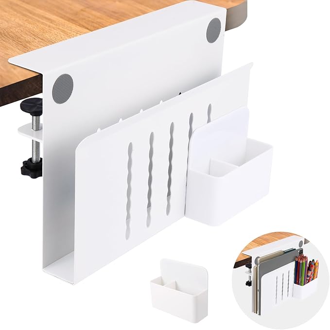 Desk Side Storage, Under Desk Laptop Mount, Table Side Hanging File Organizer, No Drill Clamp On Cable Management Tray, Laptop Holder with Magnetic Pen Holder for Office and Home