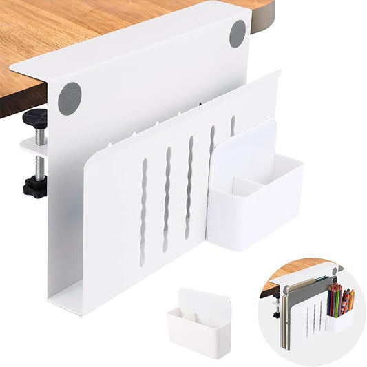 Desk Side Storage, Under Desk Laptop Mount, Table Side Hanging File Organizer, No Drill Clamp On Cable Management Tray, Laptop Holder with Magnetic Pen Holder for Office and Home