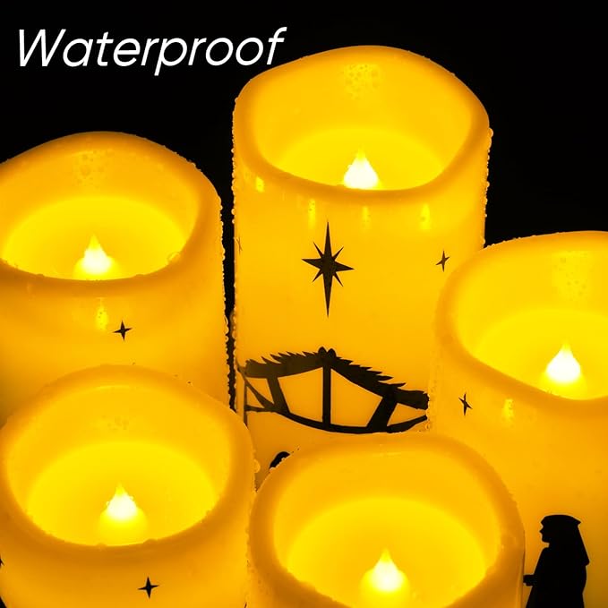 Homemory Flameless Christmas Nativity Scene Candles, Battery Operated LED Pillar Religion Candles, Nativity Sets Indoor Outdoor Decor for Xmas Holiday Home Decor, Remote Timer, Christmas Decor, 5 Pack