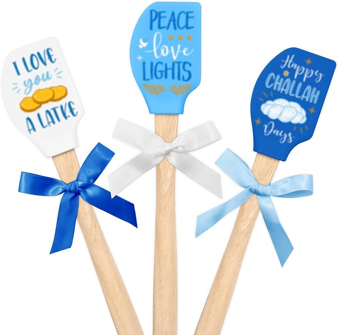 3 Pieces Silicone Spatula Set Baking Cooking Mixing Flipping cake Housewarming Kitchen Home Decoration Gift Idea Heat Resistant with Wood Handle and Ribbon Bows with greeting card present (Food)