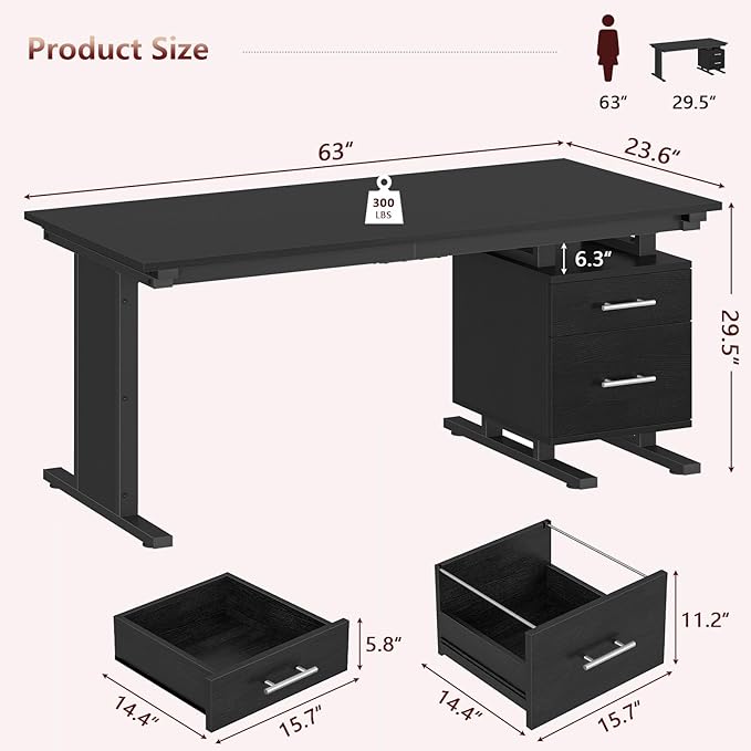 63 Inch Executive Computer Desk with Drawers, Large Office Desk with Storage, Industrial Writing Desk with File Drawer for Home Office, Black
