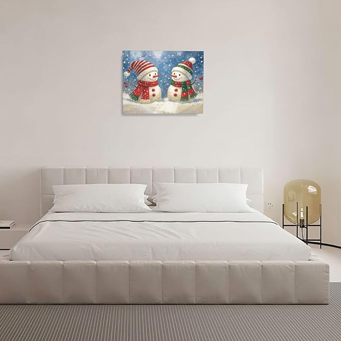 Christmas Snowman Wall Art Winter Holidays Canvas Wall Decor Pictures Paintings Prints Artwork Framed Decorations For Bathroom Bedroom Living Room Office Gifts 20" x 16"
