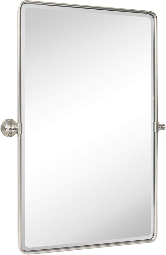 TEHOME Brush Nickel Pivot Rectangle Bathroom Vanity Mirrror Farmhouse Tiltable Rounded Metal Framed Pivoting Bathroom Mirror with Beveled Mirrror, Overall 26.91 x 35 inches (Mirrror 23 x 35 inches)