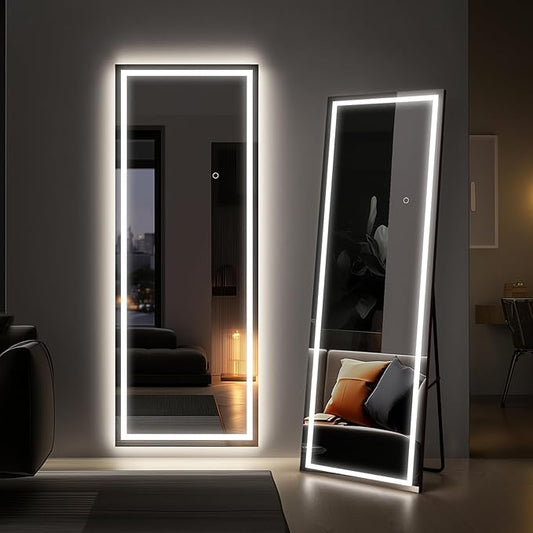 Kosmonia 64x24 Frameless Full Length Mirror, Dimmable 3 Color LED Light w/Memory Function, Distortion Free, HD Reflection & Anti Desilvering, Tempered Glass & Shatter Proof Film Doubling Safety