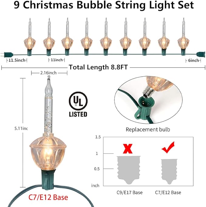 SUNSGNE Bubble Christmas Lights - 8.8Ft Vintage Christmas Lights with 10 Silver Glitter Bubble(1 Spare) for Holiday Christmas Lighting - Green Wire