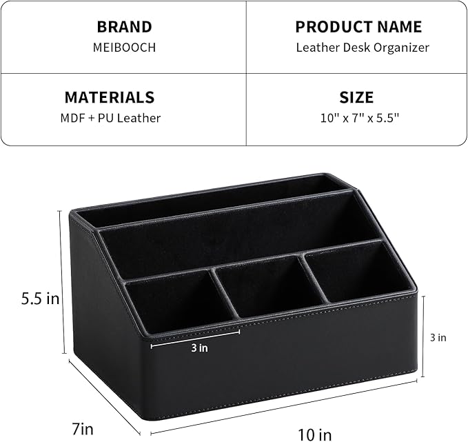 PU Leather Desk Organizer, Luxury Remote Control Holder for Home, Office Desk Accessories Table Caddy Bedside Nightstand Organizer (Black)