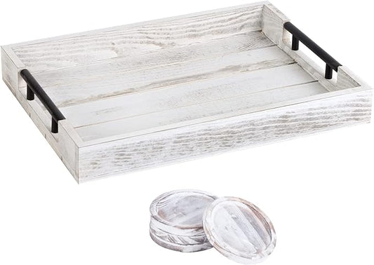 Wooden Serving Ottoman Tray With 4 Coasters, Breakfast Tray With Handles, Home Decor for Living Room, Coffee Table