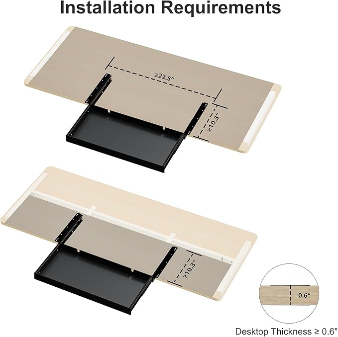 20.1 inch Under Desk Drawer, Pull-Out Storage Organizer with Full Extension Ball-Bearing Slides, Carbon Steel Undermount Drawer for Home Office Standing Desk, Black