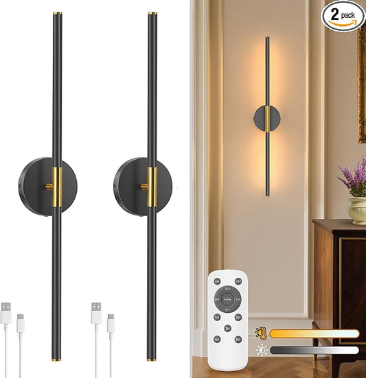 NIORSUN 27.6 Inch Battery Operated Wall Sconce Set of 2, Black-Gold Round Base Rechargeable Wall Lights with Remote, 3CCT Dimmable Wireless Wall Sconces for Living Room Bedroom Hallway
