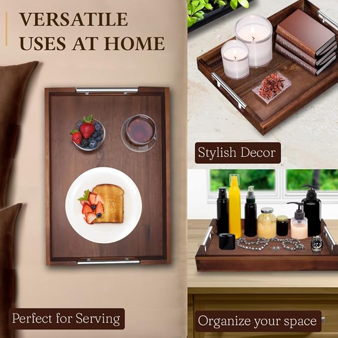 Serving Tray with Handles – 17 x 12 x 2 Inch Dark Brown Acacia Wood Ottoman Tray Table Decorative – Coffee Trays Wood Decor for Kitchen – Breakfast in Bed Trays with Silver Metal Handles