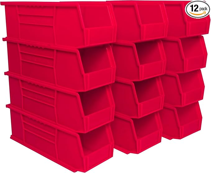 Akro-Mils 30234 AkroBins Plastic Storage Bins, Space-Saving Stackable Bins for Garage, Pantry, Craft Organization, 15" x 5" x 5", Red, 12-Pack