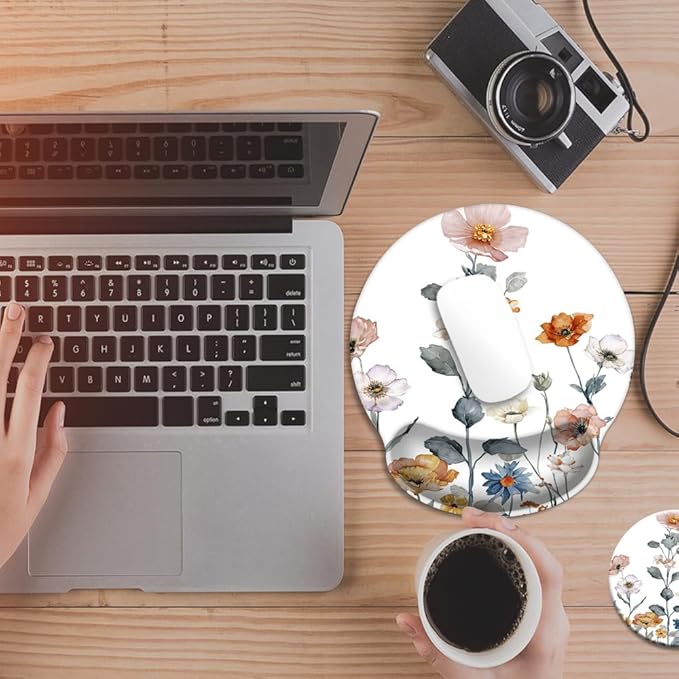 Mouse Pad with Wrist Support, Ergonomic Mouse Pad with Memory Foam Wrist Rest Cushion, Non-Slip Rubber Base Gaming Mice Pad for Home Office Computer Laptop,Cute Flowers