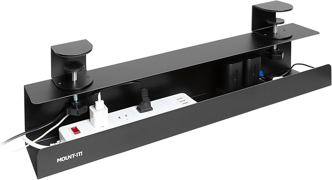 Mount-It! Clamp-On Under Desk Cable Management Tray – No-Drill Metal Cable Organizer for Office & Glass Desks, Secure Wire Management Tray for Power Strips & Cords – Sturdy Desk Cable Tray 23.6” Black