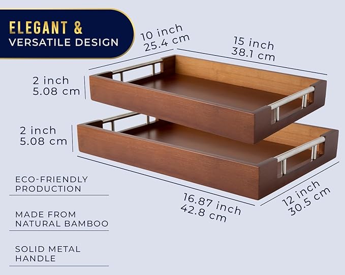 Set of 2 Decorative Serving Trays - Bamboo + Silver Stainless Steel Handles - Coffee Table or Ottoman Tray for Breakfast in Bed Jewelry, Decor Organization - 12"x17" - Stained Brown Finish