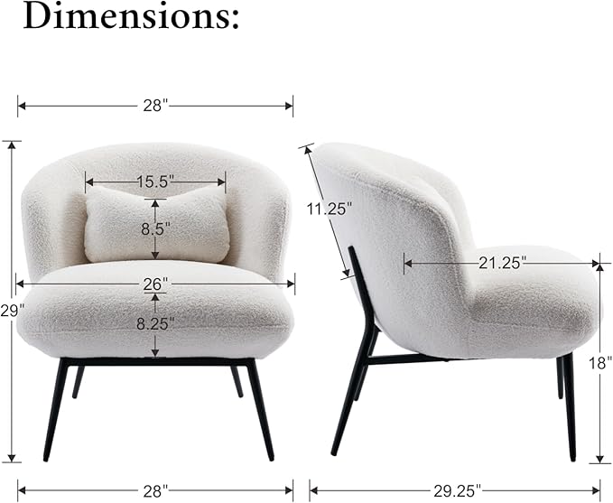 LukeAlon Modern Sherpa Accent Chair Upholstered Single Sofa Chair with Pillow & Black Metal Legs, Comfy Vanity Chair for Living Room, Bedroom, Office, White