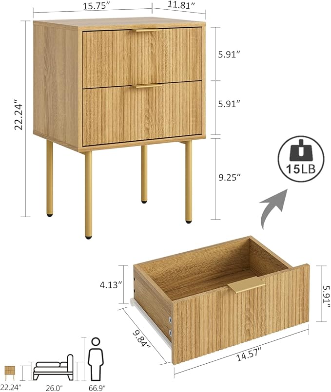 Masupu Night Stand,Mid-Century Modern Bedside Table with 2 Storage Drawer,Small Gold Frame Side End Table for Bedroom,Living Room, Natural