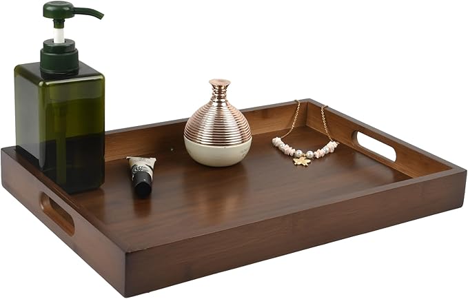 Bamboo Wood Serving Tray with Handles(14.96x10.24x1.57 inches) – Elegant Decorative Platter for Breakfast in Bed, Lunch, Dinner, Appetizers, BBQ, Parties & More – Perfect for Couch and Drawing Room.