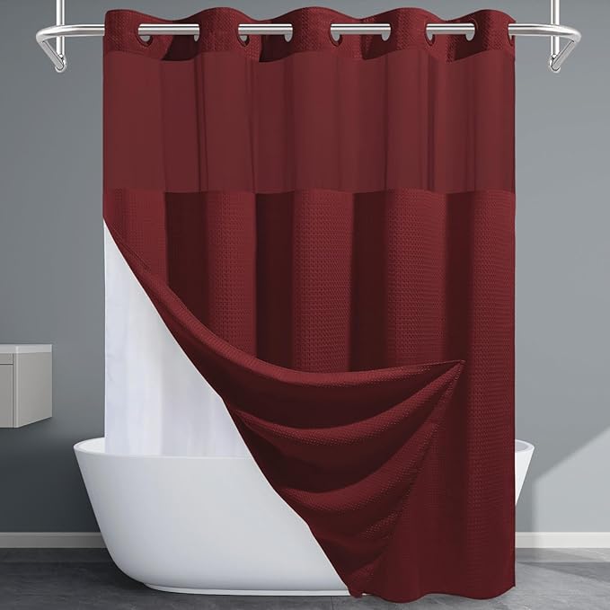 Burgundy No Hook Shower Curtain with Snap in Liner,230GSM Waffle Weave Shower Curtains for Bathroom,71W x 74H